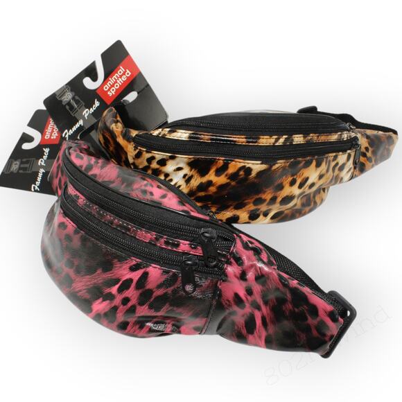 2 New 80s Animal Print FannyPack BeltBag Textured Vinyl Pockets Waisties - Picture 6 of 9